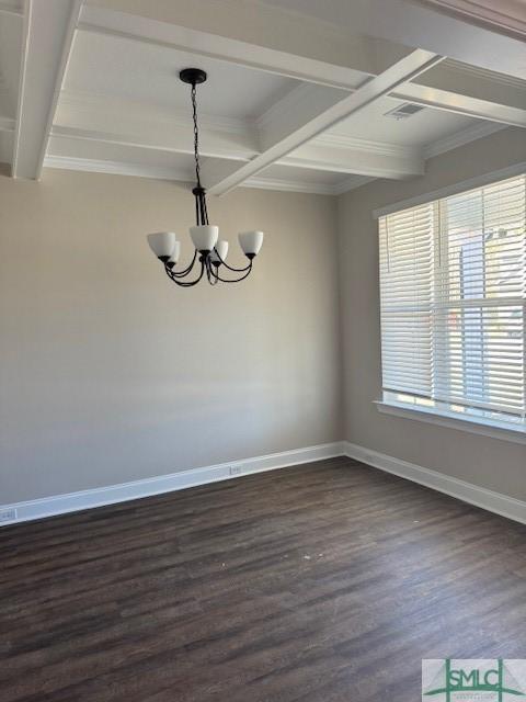 spare room with baseboards, coffered ceiling, dark wood-style flooring, a chandelier, and beam ceiling