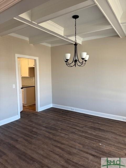 unfurnished room featuring baseboards, coffered ceiling, dark wood-style floors, a chandelier, and beam ceiling