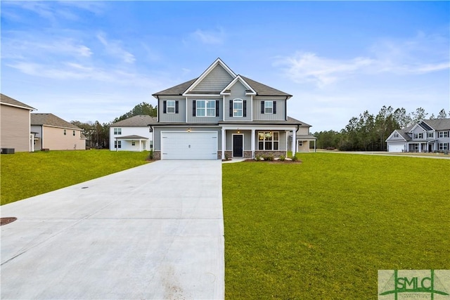 craftsman-style house featuring a garage, stone siding, concrete driveway, and a front lawn