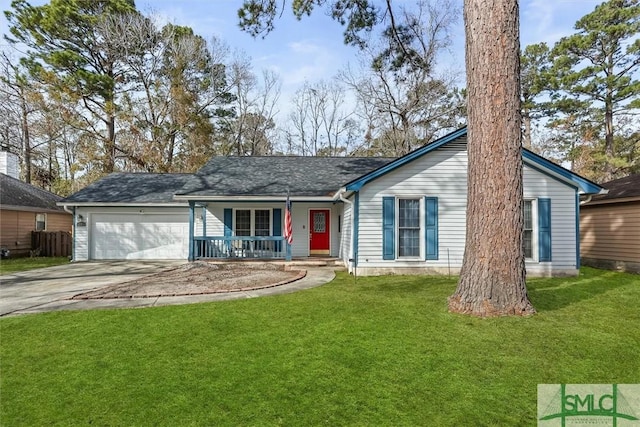 ranch-style house with a front lawn, covered porch, and a garage