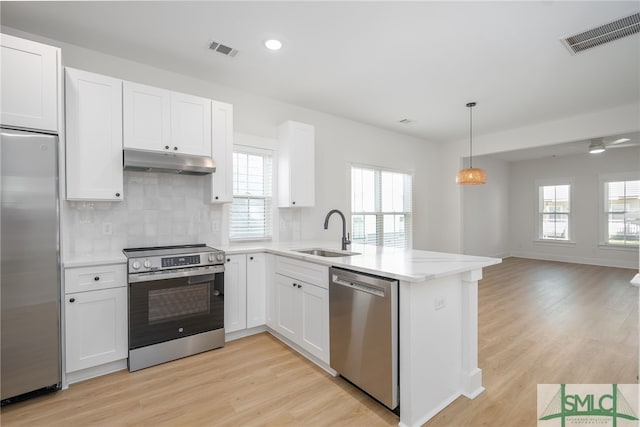 kitchen with sink, white cabinetry, tasteful backsplash, kitchen peninsula, and stainless steel appliances