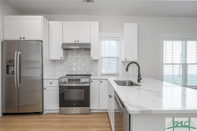 kitchen with stainless steel appliances, kitchen peninsula, sink, and white cabinets