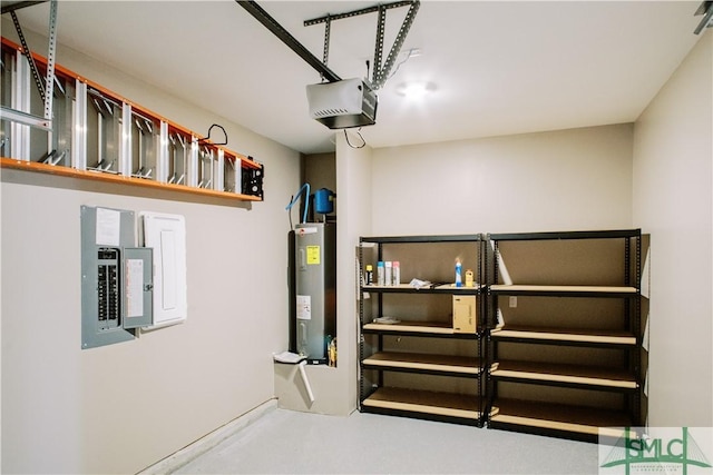 garage featuring water heater, a garage door opener, and electric panel