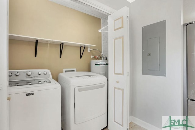 washroom with electric water heater, washer and dryer, and electric panel