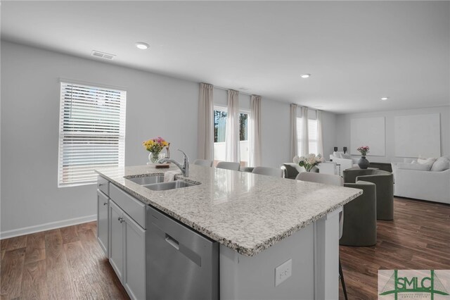 kitchen with stainless steel dishwasher, sink, plenty of natural light, and an island with sink