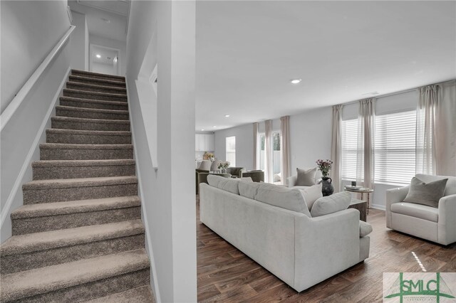 living room featuring dark wood-type flooring