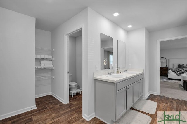 bathroom with toilet, vanity, and hardwood / wood-style flooring