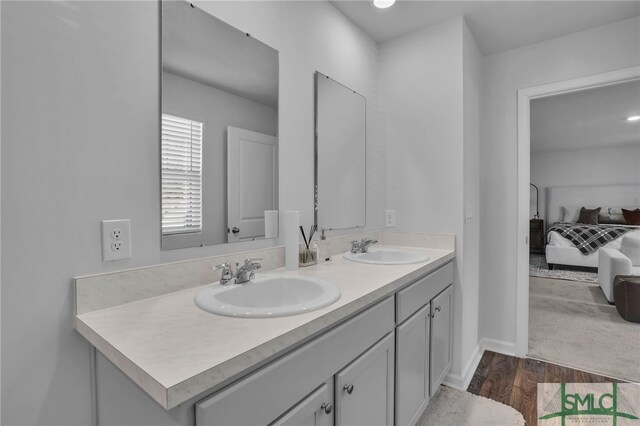 bathroom with vanity and hardwood / wood-style floors