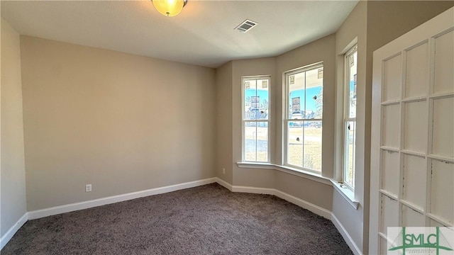 empty room featuring a wealth of natural light and dark carpet