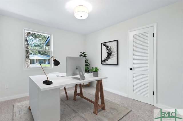 home office with light colored carpet