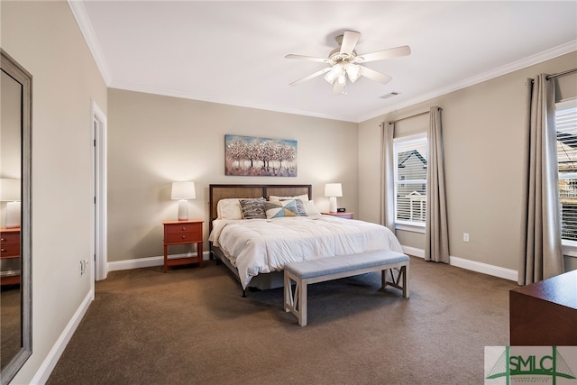 bedroom with ceiling fan, ornamental molding, and dark colored carpet