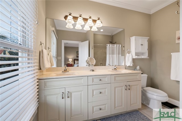 bathroom with toilet, a shower with shower curtain, tile patterned floors, crown molding, and vanity