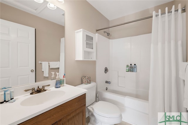 full bathroom featuring toilet, vanity, and shower / tub combo with curtain