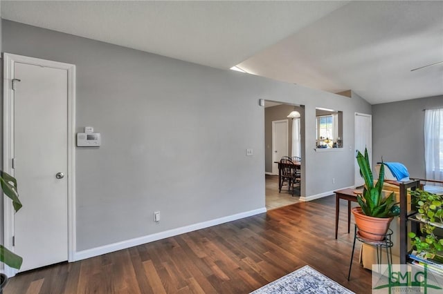 interior space featuring dark wood-type flooring and lofted ceiling