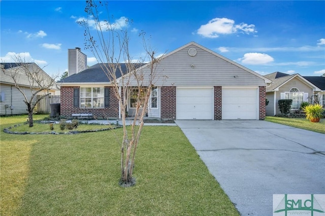 ranch-style home with a front lawn and a garage