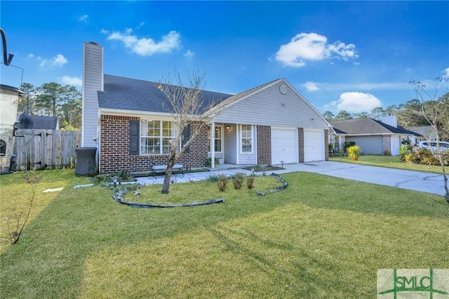 ranch-style home with a front lawn and a garage