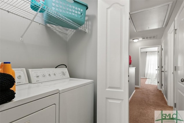 laundry room with carpet floors and washing machine and clothes dryer