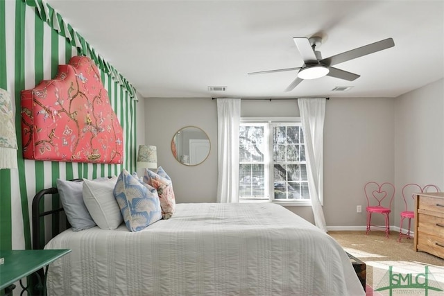 carpeted bedroom featuring ceiling fan