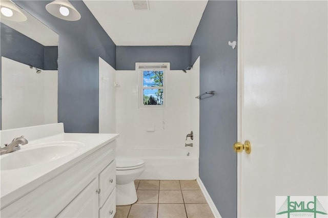 full bathroom featuring toilet, tile patterned floors, vanity, and  shower combination