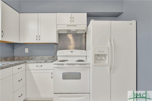 kitchen with white cabinets and white appliances