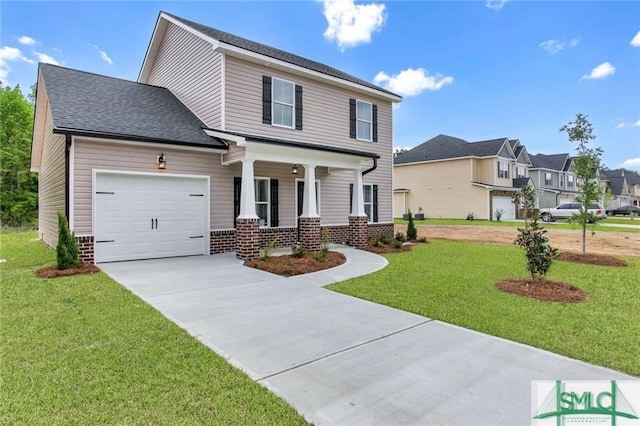 view of front of house featuring driveway, covered porch, an attached garage, a front yard, and a residential view