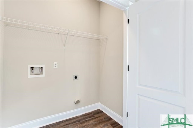 laundry area featuring laundry area, baseboards, dark wood-style flooring, hookup for a washing machine, and hookup for an electric dryer