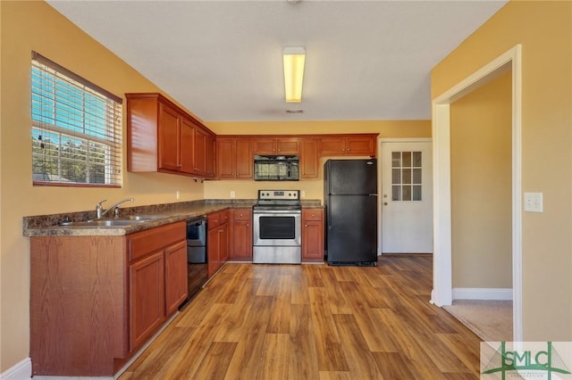 kitchen featuring black appliances, sink, and light hardwood / wood-style flooring