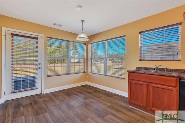 unfurnished dining area with a healthy amount of sunlight, dark hardwood / wood-style floors, and sink