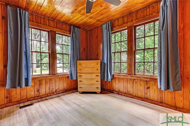 spare room featuring wooden ceiling, light hardwood / wood-style floors, wood walls, and ceiling fan