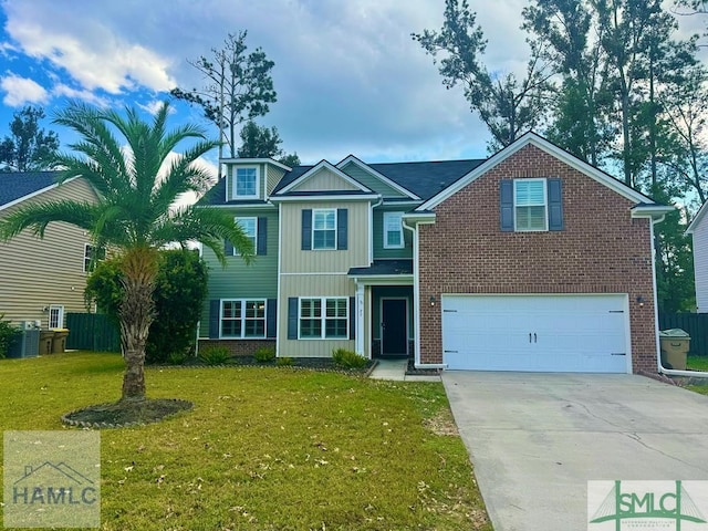 view of front of home featuring a garage, a front lawn, and central AC unit