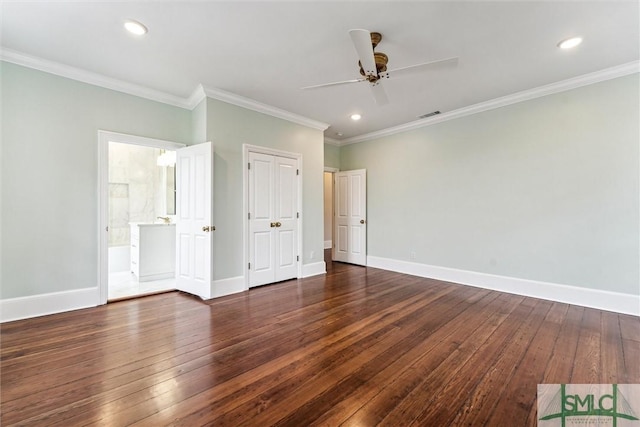 unfurnished bedroom featuring crown molding, dark hardwood / wood-style floors, and ceiling fan