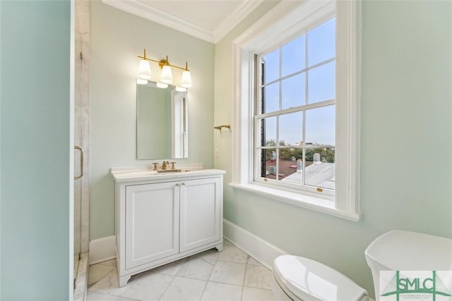 bathroom with crown molding, walk in shower, vanity, and toilet