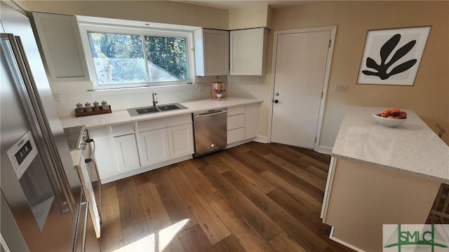 kitchen featuring dark wood-type flooring, appliances with stainless steel finishes, sink, and white cabinetry