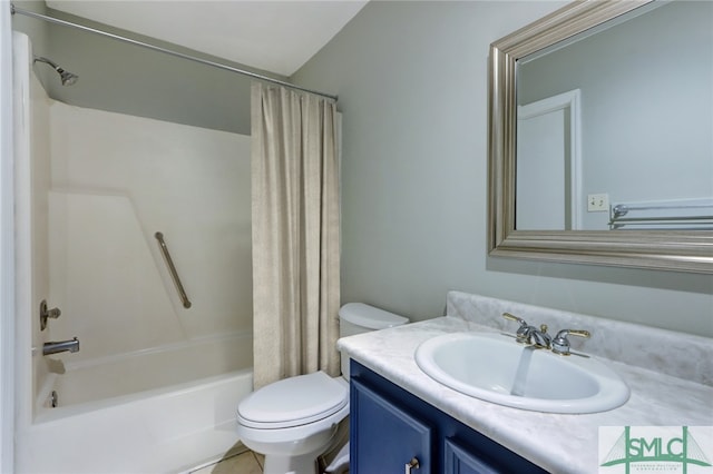 full bathroom featuring toilet, shower / bath combination with curtain, and vanity