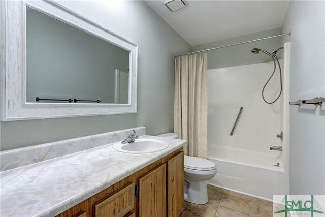 full bathroom with toilet, shower / bathtub combination with curtain, tile patterned floors, and vanity