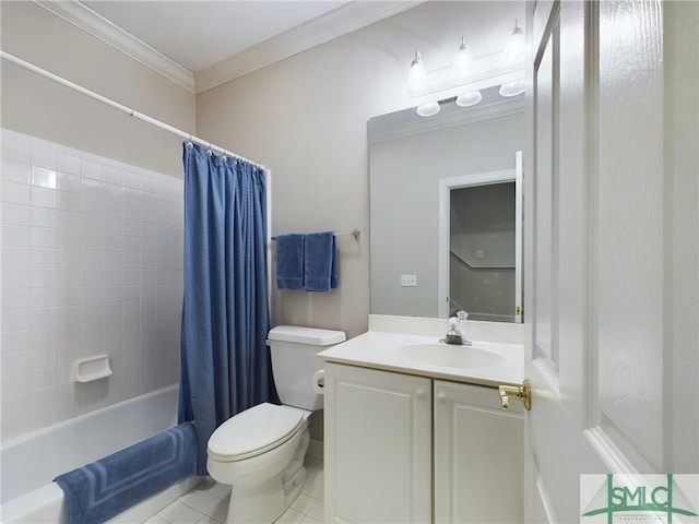 full bathroom featuring toilet, tile patterned flooring, shower / tub combo, crown molding, and vanity