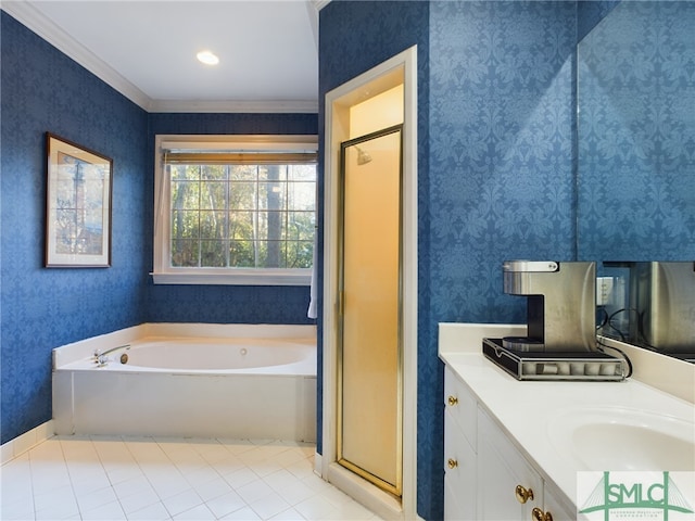 bathroom with tile patterned floors, vanity, ornamental molding, and independent shower and bath