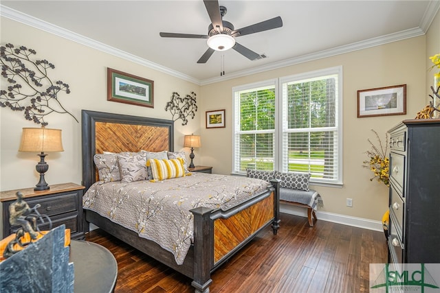 bedroom with ceiling fan, dark hardwood / wood-style flooring, and crown molding