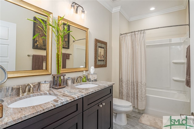 full bathroom featuring vanity, shower / bath combination with curtain, toilet, hardwood / wood-style flooring, and crown molding