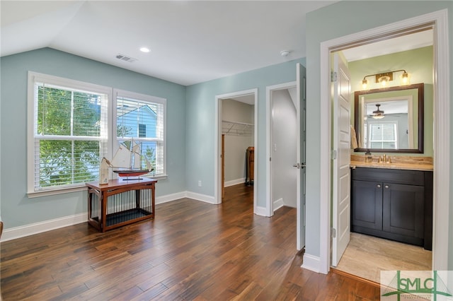 bathroom with vanity, vaulted ceiling, and hardwood / wood-style floors