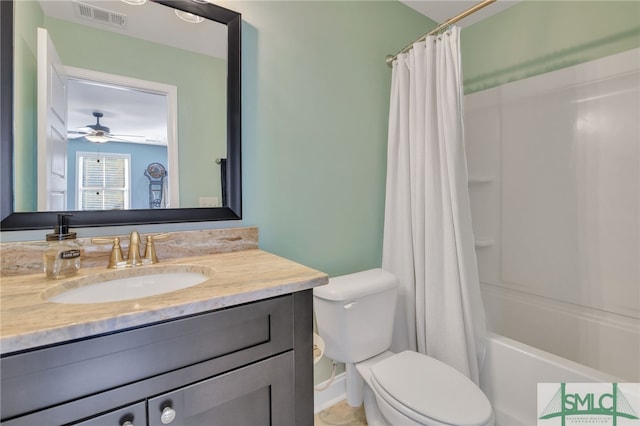 full bathroom featuring toilet, vanity, and shower / bath combination with curtain