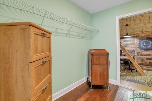 spacious closet with dark hardwood / wood-style flooring