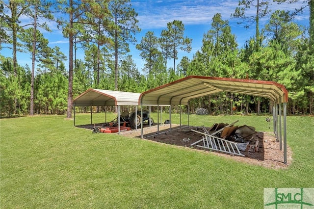 view of home's community featuring a lawn and a detached carport