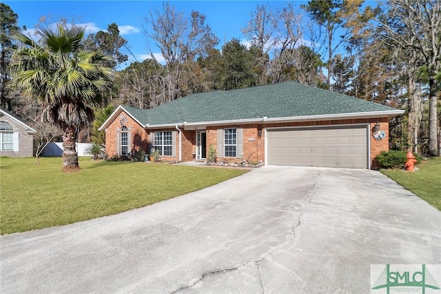 ranch-style house with a front yard and a garage