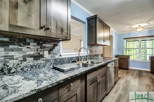 kitchen featuring decorative backsplash, sink, dishwasher, and ornamental molding