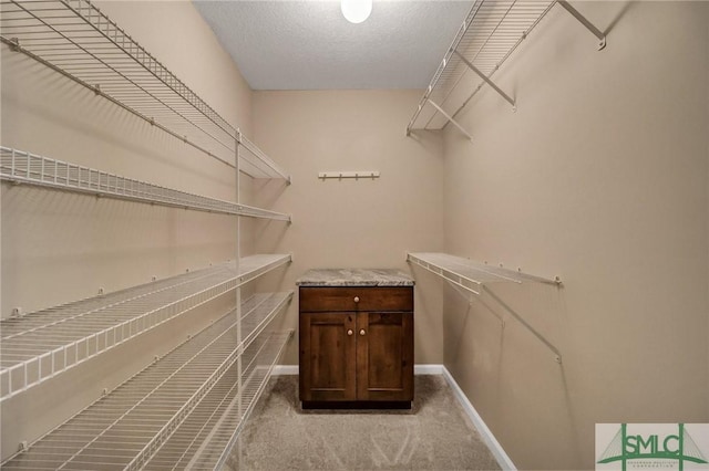 walk in closet featuring light carpet