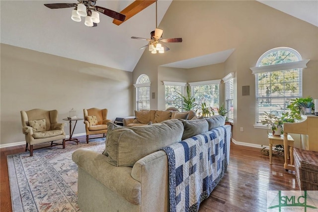 living room featuring high vaulted ceiling, ceiling fan, and hardwood / wood-style floors