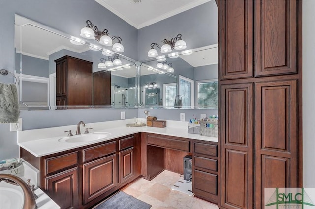 bathroom with vanity and crown molding