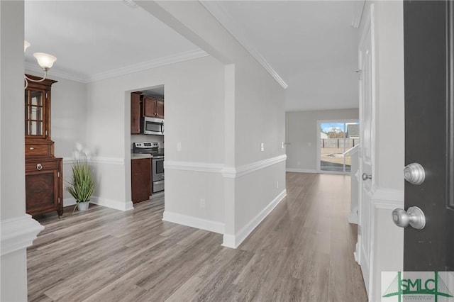 interior space with light hardwood / wood-style floors and ornamental molding