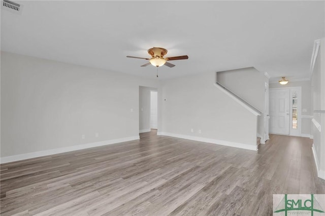 unfurnished living room featuring ceiling fan and light hardwood / wood-style flooring